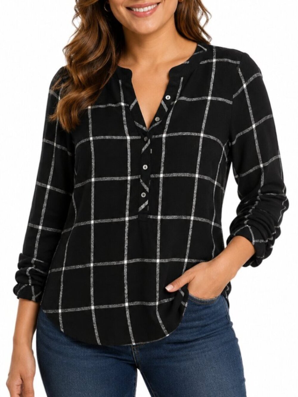 Talbots Black White Banded Collar Windowpane Plaid Henley Tunic